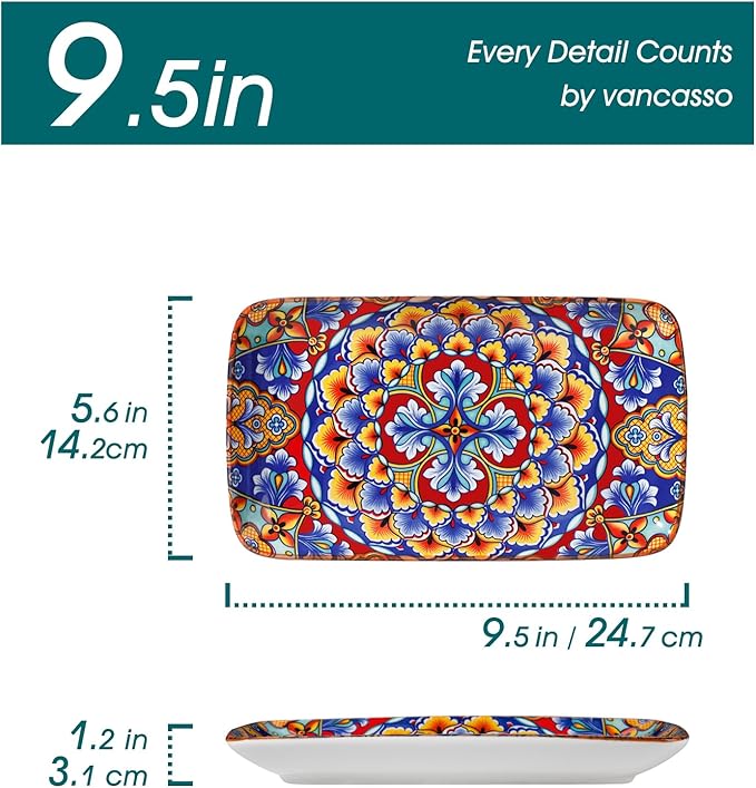 vancasso Simi 9.5 Inch Rectangular Dinner Plates Set of 6 - Bohemian Floral Design in 6 Vibrant Colors, Microwave & Dishwasher Safe Porcelain Plates for Salad, Appetizers, Entertaining