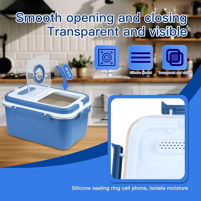Rice Sorage Container Bin 20 lbs Stainless Steel Flour Storage Containers with Lid Rice Grain Kitchen Bucket Airtight Canister for Cereals Flour Sugar Tea Milk Wine Ice, Dry/Wet Food,Blue