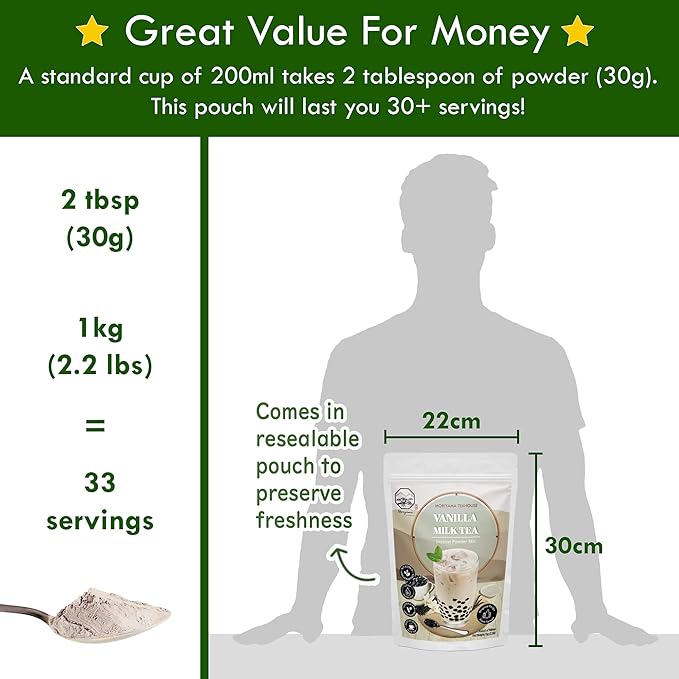 Vanilla Bubble Milk Tea Instant 3in1 Powder Mix - 1kg (33 Drinks) | For Boba Tea, Milkshake, Blended Frappe and Bakery | Authentic Taiwan Recipe | Zero Trans Fat, No Preservatives by Moriyama Teahouse