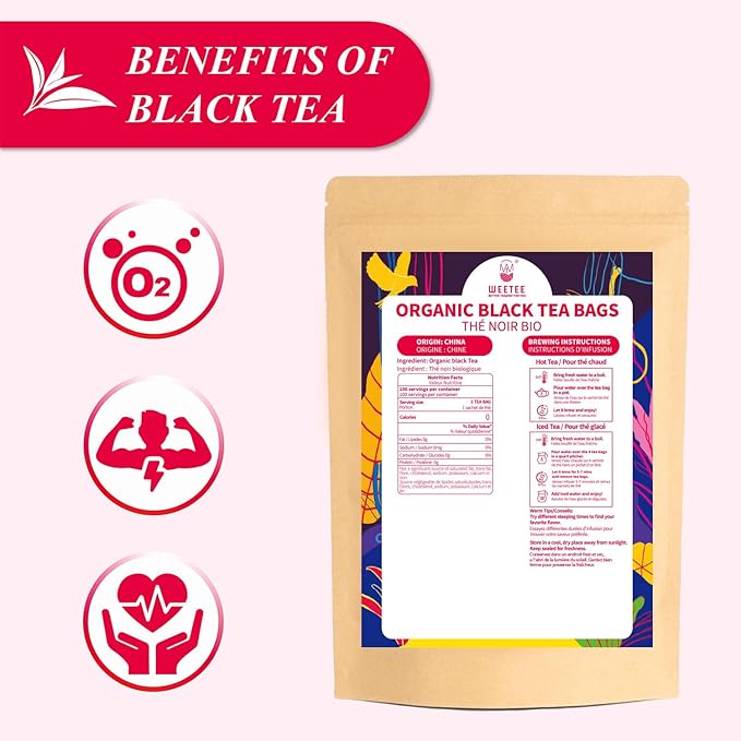 WT WEETEE Organic Black Tea Bags, Organic Black Tea 100 Count, Antioxidant, Caffeinated | Resealable Kraft Bag | Brew Hot or Iced