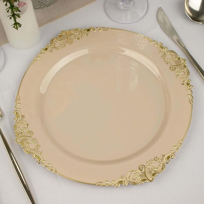 Efavormart 10 Pack | 10" Taupe and Gold Baroque Dinner Plates, Leaf Embossed Metallic Rim Heavy Duty Serving Plates for Neutral Organic Weddings