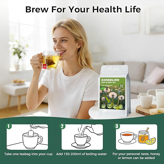 50 Bags Dandelion Leaf and Root Tea, Natural Dandelion Herbal Detox Teabag for Liver & Kidney Health, Organic Dandelion Root Tea, Caffeine Free, No Additives