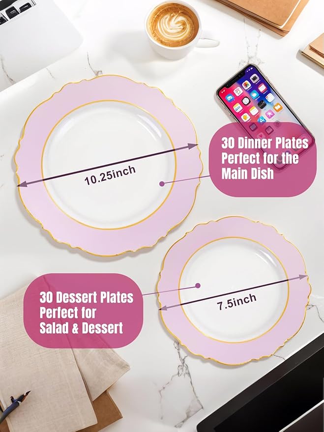 WDF 60Pcs Pink Plates Disposable with Gold Rim - Baroque Clear Pink and Gold Plastic Party Plates Ideal for Wedding/Baby Shower/Spring