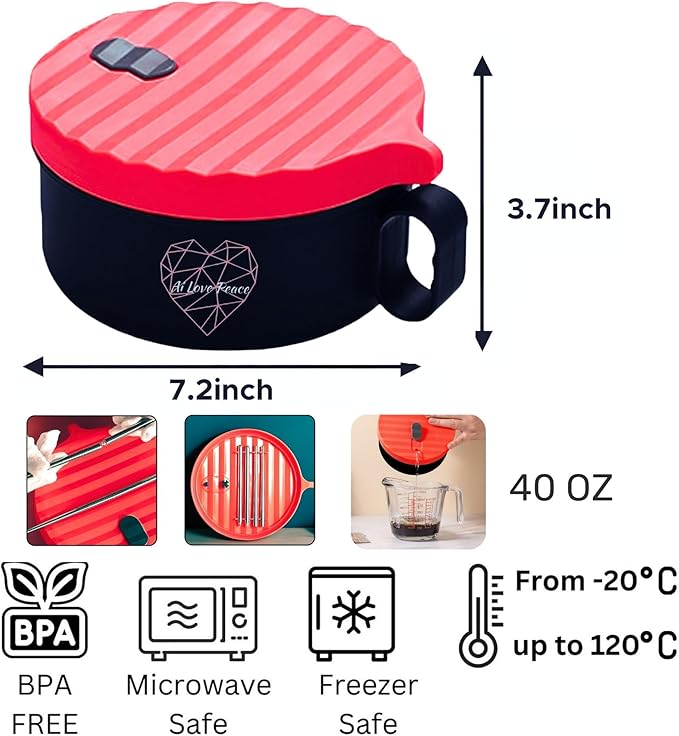 AI LOVE PEACE Ramen Bowls, 40 oz Large Microwavable Noodle Bowls (2 Red) with Wooden Utensils, Chopsticks, and Utensil Bag, Portable Microwave Bowl for Home, Office, Dorm, or College Gift.