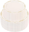 U-QE 100 PCS Ivory Plastic Plates with Gold Rim - Gold Plastic Plates for Party - Heavy Duty Plastic Plates Disposable Use Including 50 Dinner Plates 10 '' & 50 Dessert Plates 7.5 ''