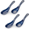 Sungmor Embossed Stoneware Fine Dining Dinnerware, Antique Baroque Style Porcelain 5.5 Inch Soup Spoons, Set of 4 Blue Ceramic Chinese Spoons, Asian Style Spoon for Miso Soup, Ramen, Dumpling
