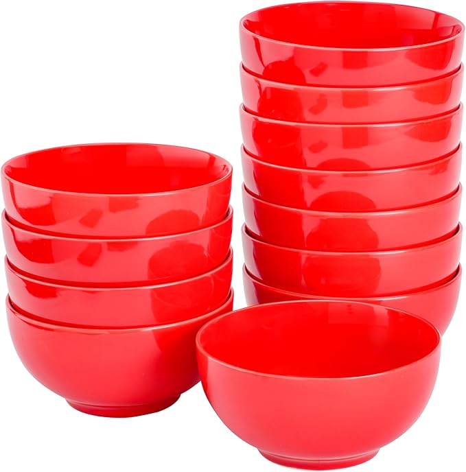 Brew To A Tea BTaT- Soup Bowls Set, 16 Ounces, Set of 12, Red, Porcelain Dishes for Soup, Rice, Salad, Noodle, Microwave, Oven, Freezer & Dishwasher Safe, Deep Cereal Bowls for Kitchen