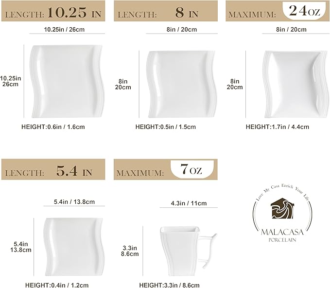 MALACASA Ivory White Dinnerware Sets, 30-Piece Porcelain Plates and Bowls Sets, Modern Dish Set for 6, Square Plates Dinnerware Set Kitchen Dishware Sets, Microwave and Dishwasher Safe, Series Flora