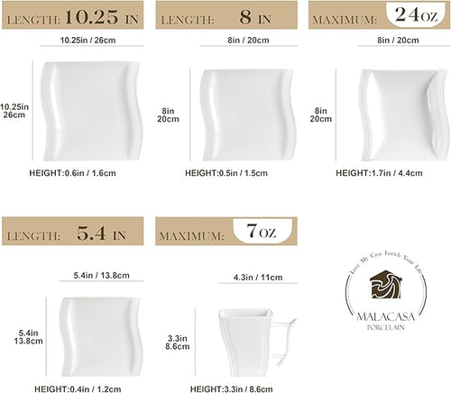 MALACASA Ivory White Dinnerware Sets, 30-Piece Porcelain Plates and Bowls Sets, Modern Dish Set for 6, Square Plates Dinnerware Set Kitchen Dishware Sets, Microwave and Dishwasher Safe, Series Flora