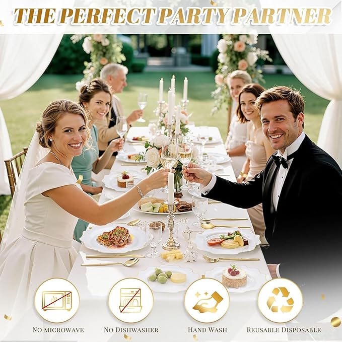WDF 200PCS White and Gold Plastic Plates - Gold Plastic Plates - Include 100 Dinner & 100 Dessert Disposable Party Plate - Fancy Disposable Plate for Wedding/Baby Shower/Spring