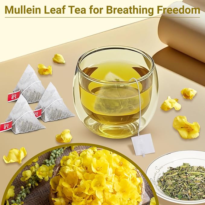 Mullein Tea Bags for Lungs, 100% Pure Mullein Leaf Tea for Lungs Cleanse and Respiratory Support, Caffeine Free, No Additives, Non-GMO (1 Pack/50 Bags)