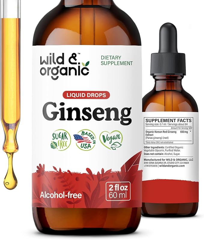 Wild & Organic Korean Red Ginseng Extract Drops - Immune & Energy Support - Panax Ginseng Supplement - Add to Tea Liquid Root Tincture - Vegan, Sugar & Alcohol-Free - 2 fl oz