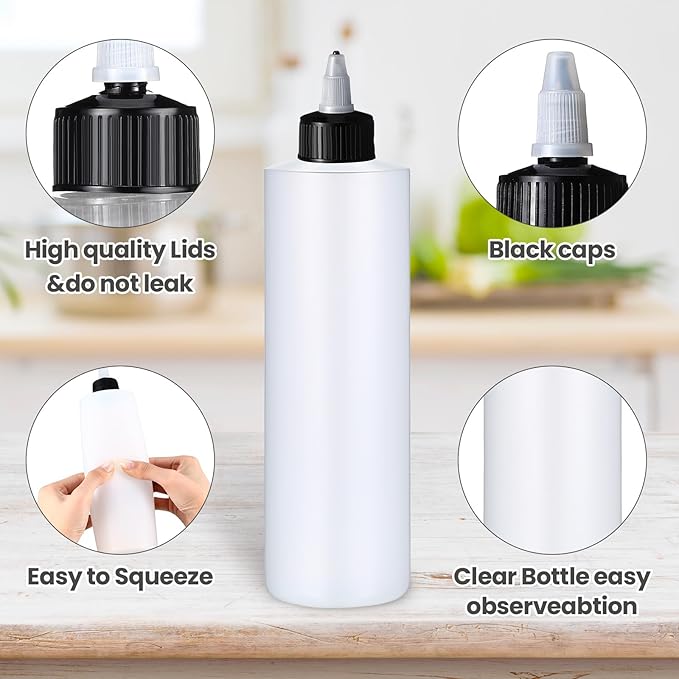 Irenare 30 Pack Plastic Condiment Squeeze Bottles for Sauces Empty Squirt Bottle with Top Cap for Condiment BBQ, Dressing, Paint, Workshop, Crafts(Black,16 oz)