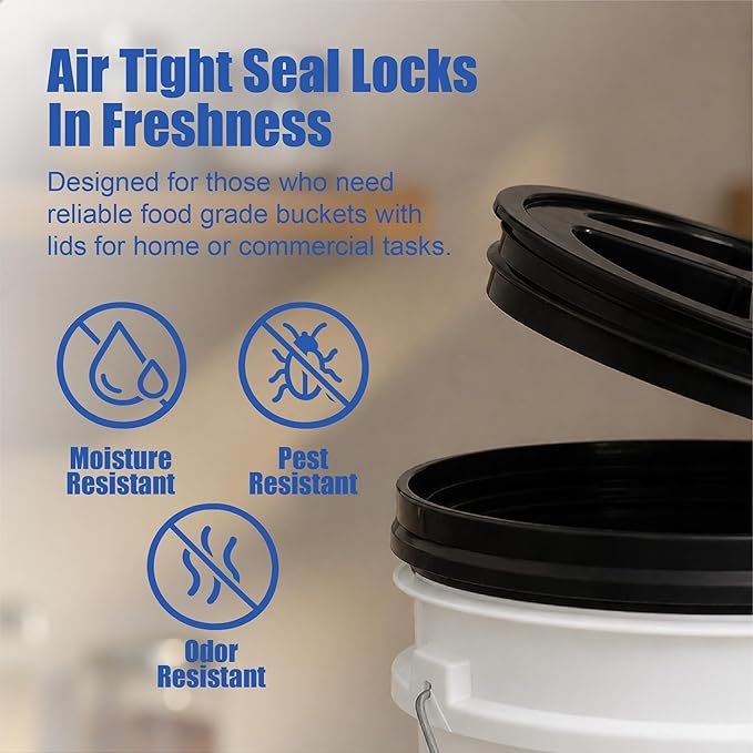 ePackageSupply 5 Gallon Bucket - Food Grade Bucket with Airtight Gamma Seal Screw-On Lid, BPA-Free, Heavy-Duty 90 Mil HDPE Plastic, Bulk Storage, Durable Container, Made in USA, White/Black, 3 Packs