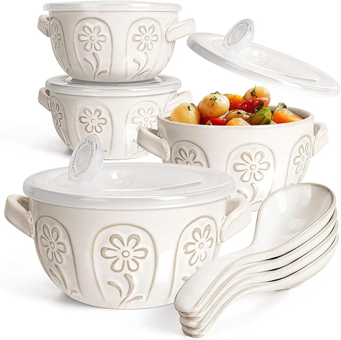 Artena French Onion Soup Bowls with Handles and lids & Spoons, 20 Oz Ceramic Soup Crocks Oven Safe Serving Bowls for Chili, Beef Stew, Cereal, Pot Pies, Embossment, Set of 4, White (Pinwheel Flower)