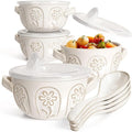 Artena French Onion Soup Bowls with Handles and lids & Spoons, 20 Oz Ceramic Soup Crocks Oven Safe Serving Bowls for Chili, Beef Stew, Cereal, Pot Pies, Embossment, Set of 4, White (Pinwheel Flower)