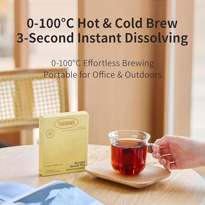 Instant Pu-erh Black Tea Powder,Unsweetened Black Tea Powder for Quick Hot & Cold Beverages,Classic - 100% Tea Leaves, No Additives,Caffeinated (10 Single Serve Packets)