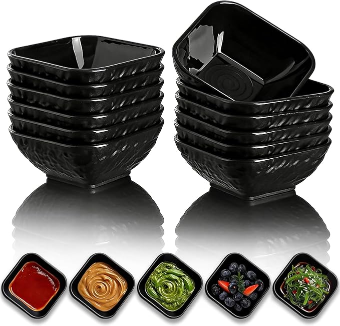 Berglander Dip Bowls Set 12pcs, 6 oz Black Plastic Dipping Bowls, Matte Stone Texture Soy Sauce Plates, Mini Appetizer Bowls for Side Dishes, Condiment Server for Tomato Sauce, Ketchup, BBQ, Party