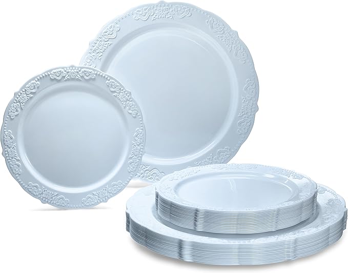 OCCASIONS 50 Piece Disposable Plastic Plates Set for 25 Guests – 10.25" Dinner & 7.5" Dessert Plates, Heavy Duty, Elegant Party Plates for Wedding, Party, Baby Shower, BPA-Free – Portofino Plain Blue