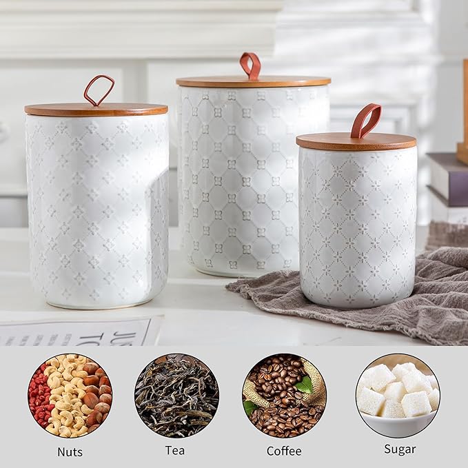 Ceramic Canisters Set with Airtight Lids, 82/48/30 oz Coffee Canisters Sets for the Kitchen, White Large Jars for Flour, Sugar, Pasta, Coffee, Cookies, Tea - Set of 3, Embossed Pattern