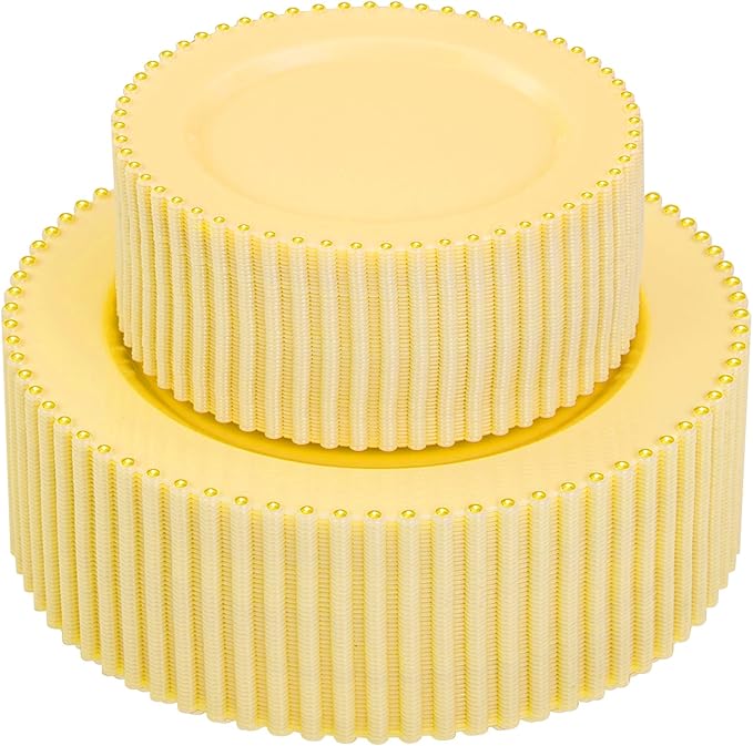 Supernal 100pcs Yellow Plastic Plates,Heavy Duty Plastic Plates,Yellow Party Decorations with Gold Beaded Including 50 Dinner Plate and 50 Disposable Dessert Plate,Pretty Disposable Platos for Wedding
