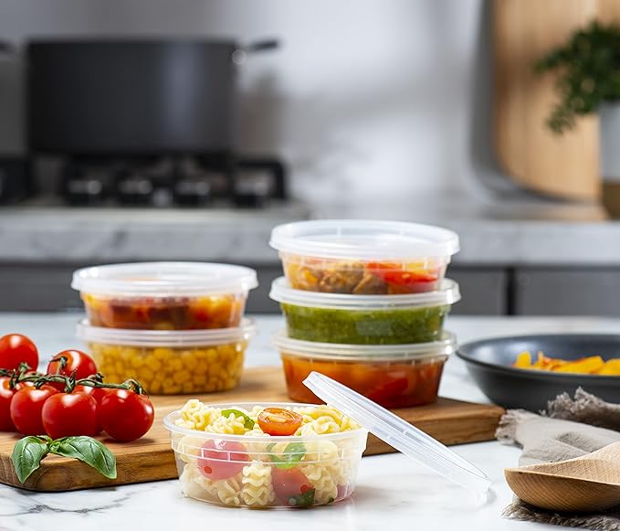 ELEGANT DISPOSABLES 8 OZ - 24 Sets Plastic Deli Food Storage Containers with Airtight Flexible Lids Microwavable, Leak Free, Washable, Freezer Safe.