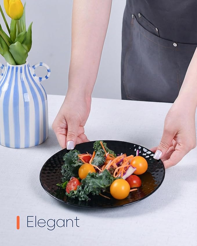LaGlint 8.5 inch Salad Plate Set of 6, Opal Glass Round Geometric Faceted Small Black Plates for Dessert, Kitchen, Dishwasher and Microwave Safe