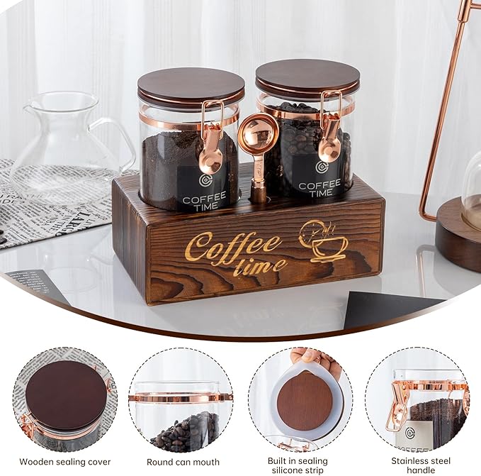 Glass Coffee Canister Set with Torched Wood Shelf, 2 Pack 45oz Airtight Storage Jars with Lids & Spoons, Large Kitchen Canisters for Coffee Beans, Sugar, Tea & Nuts
