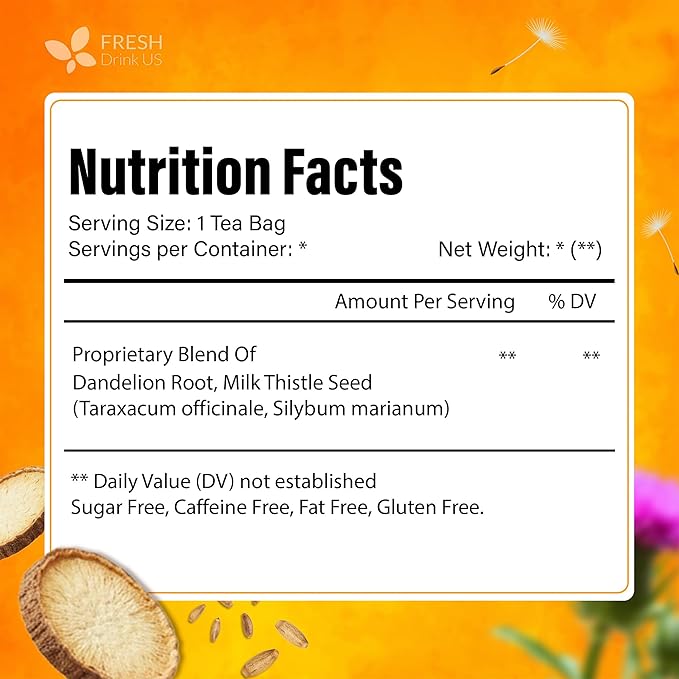 FreshDrinkUS, Premium Dandelion Milk Thistle Herbal Tea | 75 Tea Bags | Herbal Blend with Dandelion Root & Milk Thistle Seed – Clean Plant-Based Daily Tea, Naturally Caffeine Free. Sugar Free. Vegan