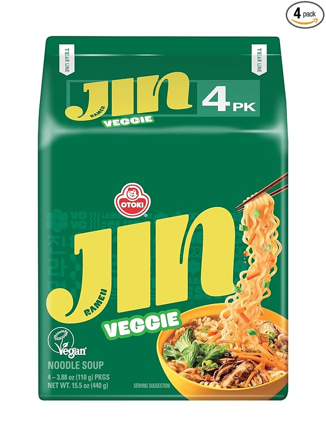 OTOKI Jin Ramen Veggie Korean Vegan Instant Ramen, Plant-Based Vegetable Broth, Savory & Umami Flavor, Ready in 4 Minutes, 4.23 oz (Pack of 4)