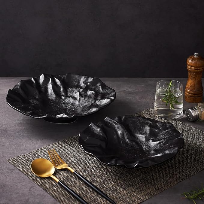 Irregular Shape Ceramic Serving Plate and Appetizer Plate, 2 Pieces Set, 11" & 9" Plates, Elevate Dining Experience (Black, 11" & 9")