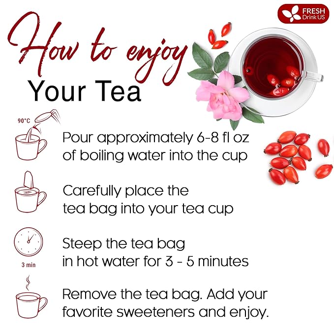 FreshDrinkUS, Premium 75 Rosehip Tea Bags, 100% Natural & Pure from Rose Hip Fruits. Loose Rosehip Herbal Tea. Made with Natural Material Tea Bags. No Sugar, No Caffeine, No Gluten, Vegan.