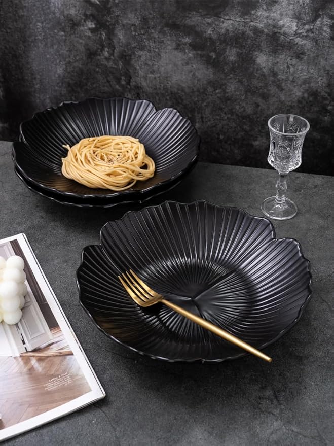 Jusalpha Set of 3-Japanese Style Flower Petal Shaped Porcelain Dinner Plates, Versatile Circular Serving Plates for Breakfast, Salad, Steak Dinner, PL019 (10 Inches, Black)