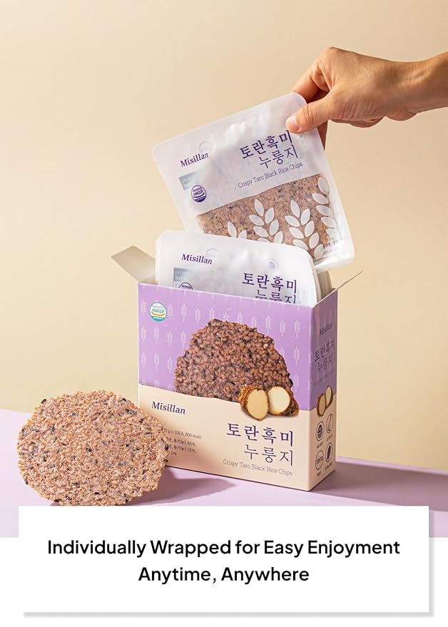 Korean Food Misillan Crispy Black Rice & Taro Chips – Oven-Baked Korean Nurungji Snack, Light & Crunchy Texture, 10 Packs (0.7 oz Each, 7 oz Total)