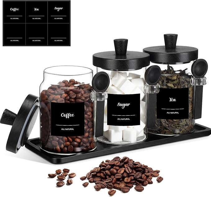 Suclain 3 Pcs Glass Coffee Container with Wooden Lid Spoon Shelf Labels Clear Airtight Jar Food Storage Canister Set for Sugar Spice Coffee Bean Holder Housewarming Gift(20 oz,Black Bamboo)