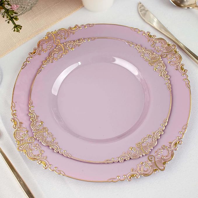 Efavormart 10 Pack | 8" Lavender and Gold Baroque Dessert Plates, Leaf Embossed Metallic Rim Heavy Duty Appetizer Plates for Spring Tea Parties