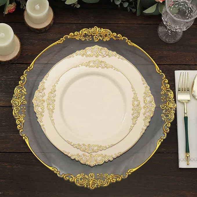 Efavormart 10 Pack | 10" Ivory and Gold Baroque Dinner Plates, Leaf Embossed Metallic Rim Heavy Duty Serving Plates for Traditional Holiday Banquets