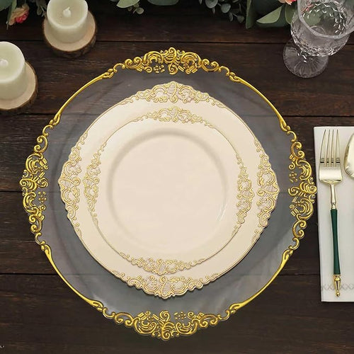 Efavormart 10 Pack | 10" Ivory and Gold Baroque Dinner Plates, Leaf Embossed Metallic Rim Heavy Duty Serving Plates for Traditional Holiday Banquets