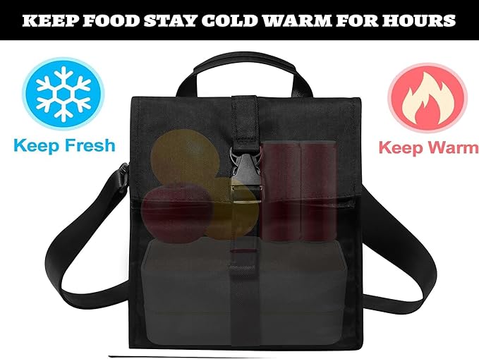 ZM-YOUTOO Insulated Foldable Lunch Bag- Lightweight Portable with Adjustable Shoulder Strap Lunch Box for Men, Women, Office, Work, Picnic, Hiking and Beach (Black(Soft Fabric))