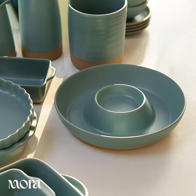 MORA Ceramic Chips and Dip Serving Tray: Large Divided Party Bowl Set for Chips & Salsa, Veggies & Dip, Fruit, Snacks, Entertaining, Hosting, etc. Minimalist Design for the Modern Hostess - Iris
