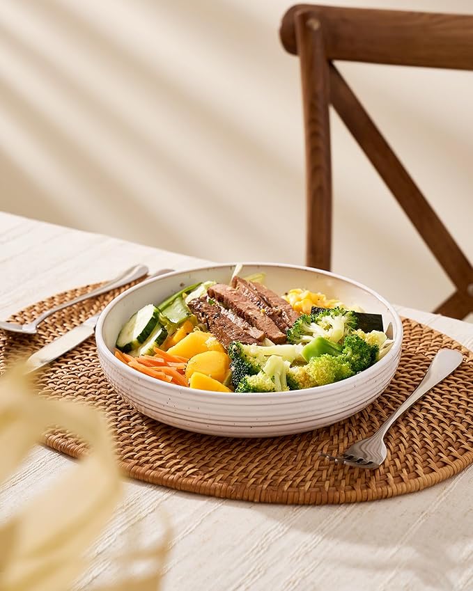 famiware Milkyway 33 oz Bowl Set, Pasta Bowls Set of 8, Salad Bowls, Double Reactive Glaze, Sturdy & Stackable, Ideal for Housewarming, Festivals, White with Speckles