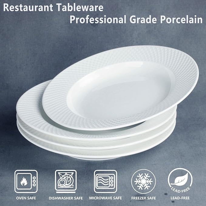 Ceramic soup bowl set of 4,5.1 ounce shallow bowl,White Dinner Bowls Plates,Porcelain wide-rimmed salad plate,Suitable for salads and pasta,Microwave and dishwasher safety