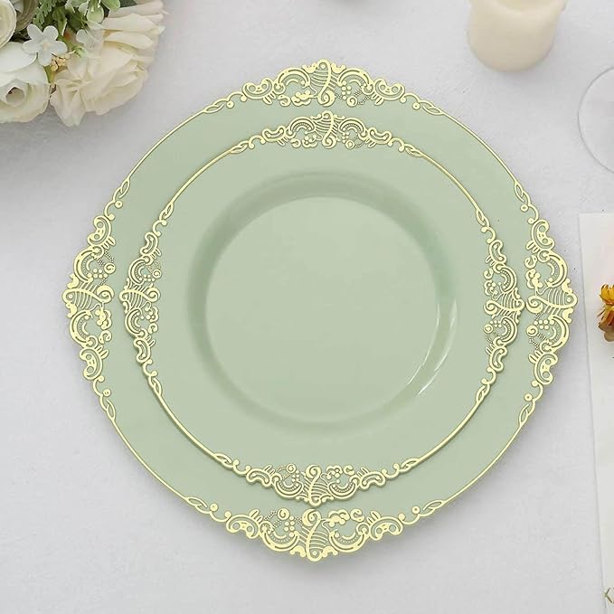 Efavormart 10 Pack | 8" Sage Green and Gold Baroque Dessert Plates, Leaf Embossed Metallic Rim Heavy Duty Appetizer Plates for Outdoor Garden Socials