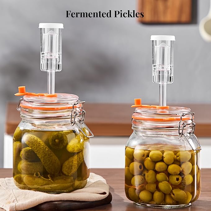 1L Fermentation Jar Kit (2 Pack) with Airlock & Glass Weight, Wide Mouth Fermenting Jar for Sauerkraut, Kimchi & Pickles, No Burping Required