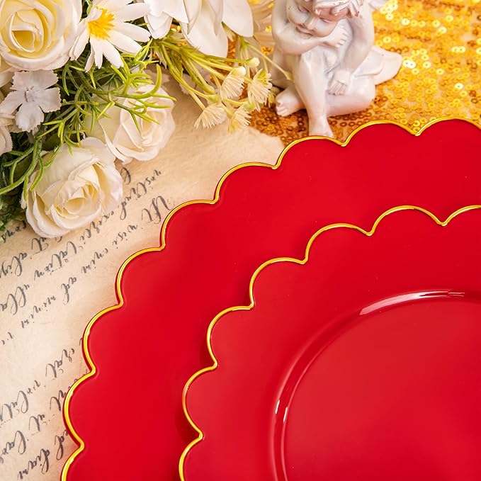 LIYH 60 Pcs Red Plastic Plates Disposable with Gold Edge Scalloped Red Gold Disposable Plates Includes 30 Dessert & 30 Dinner Plate Dishes Tableware for Party Memorial Day,Independence Day