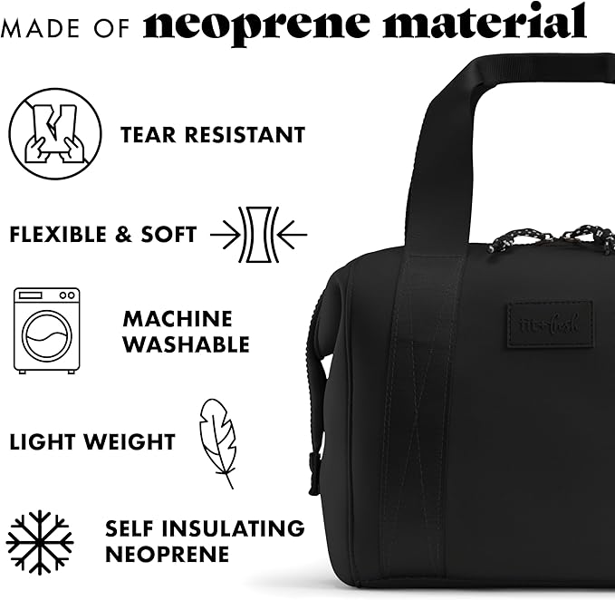 Fit & Fresh Remi Lunch Bag for Women Work – Neoprene Lunch Tote with Containers & Ice Pack, Reusable Meal Prep Lunch Box, Large Capacity, Machine Washable, Black