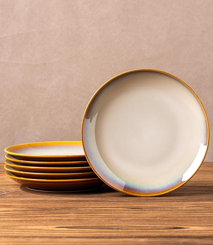 LERATIO Ceramic Dinner Plates Set of 6, 8.0 Inch Handmade Reactive Glaze Porcelain Plates, Coupe Shape Dinnerware Dishes Set for Kitchen,Oven& Microwave & Dishwasher Safe, Scratch Resistant-Kahki