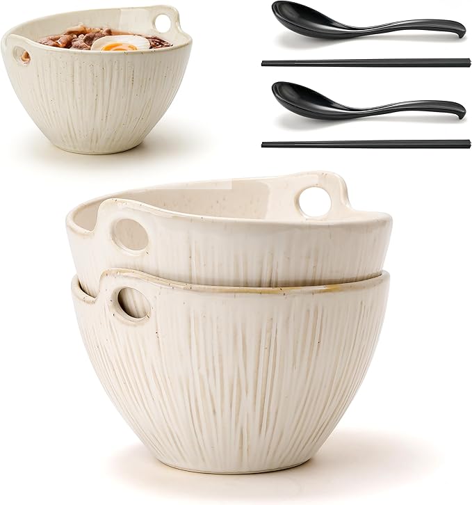 Ramen Bowl with Chopsticks and Spoons Set, 7 Inch Ceramic Noodle Bowl Set of 2, Dishwasher Safe for Pho Udon Soba Noodle Salad Pasta, Special Glazed Aged Ivory Speckle Bowls Set