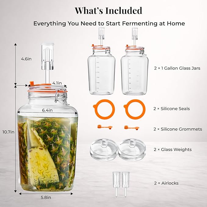 1 Gallon Fermentation Jars, 2 Pack Glass Fermentation Kit with Airlocks & Weights, Wide Mouth Fermenting Jars for Sauerkraut, Kimchi, Pickles, Mead & More