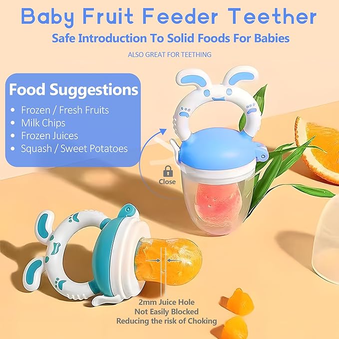 Baby Fruit Feeder Pacifier | 2 Infant Food Feeder Pacifier & Baby Food Dispensing Spoon | Mesh Fresh Fruit Teethers for Babies Teething Feeders | Shower Gifts for Boys and Girls (Blue)